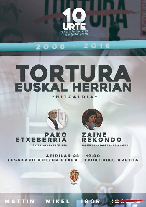 ‘Tortura Euskal Herrian’ solasaldia eskainiko dute Pako Etxeberria antropologo forenseak eta Zaine Rekondo lesakarrak 