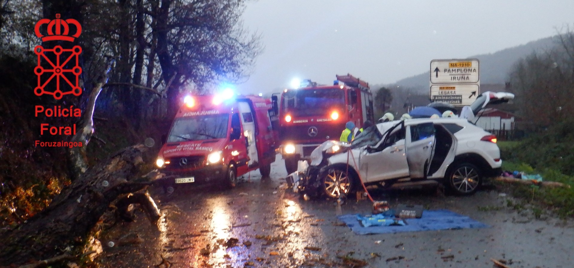 Hiru lagun zaurituak Legasa parean gertaturiko istripu batean, zuhaitz bat auto gainera erorita