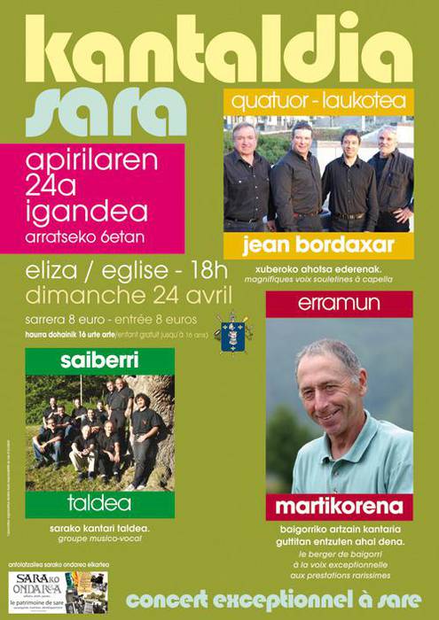 Saiberri taldea, Erramun Martikorena eta Jean Bordaxar laukotea ariko dira apirilaren 24an elizan