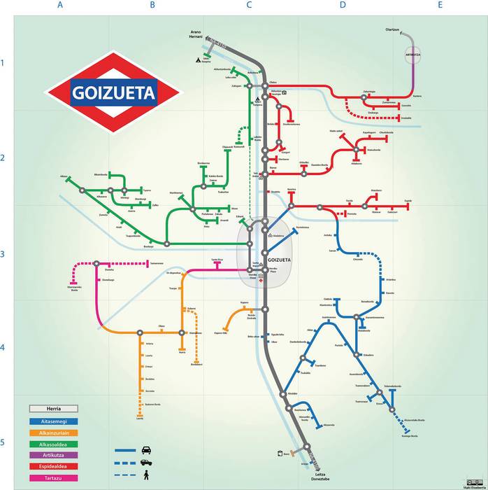 Metroko plano batean Goizuetako baserrien mapa ikusi daiteke