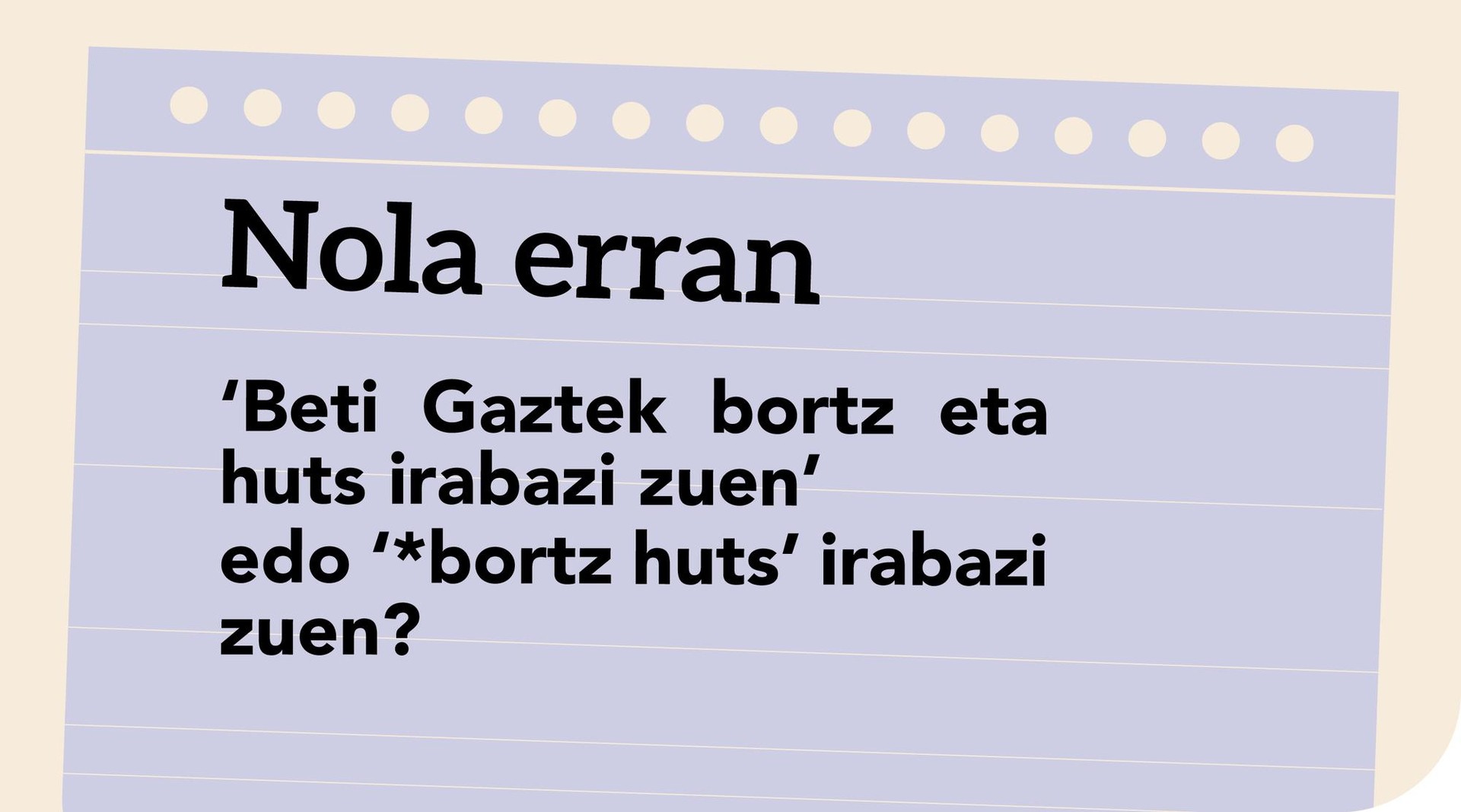 'Beti Gaztek bortz eta huts irabazi zuen' edo '*Bortz huts irabazi zuen'?