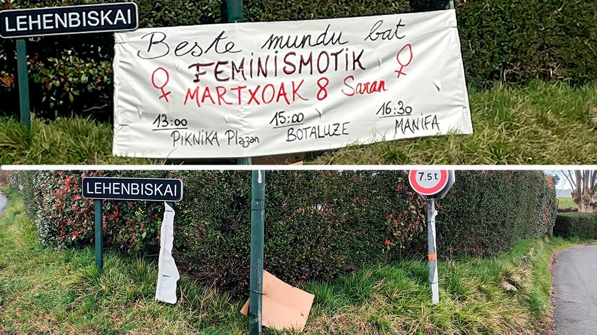 Banderola feministak urratu dituztela salatu du Sarako Bostanka kolektibo feministak