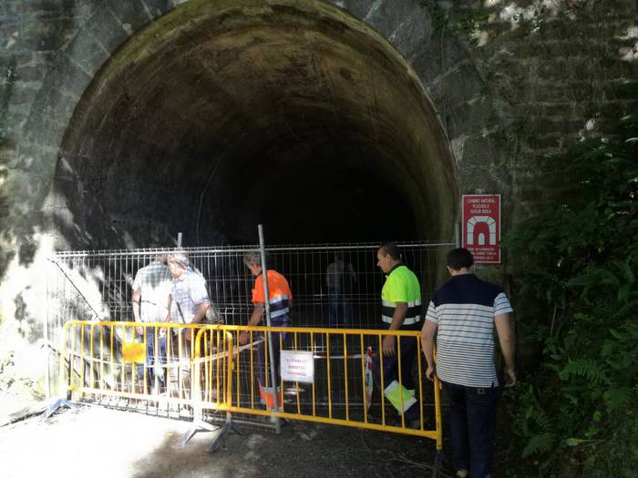 Plazaola trenbideko tunelean bildu dira Leitzako udal ordezkariak, Plazaolako gerentea eta Nafarroako Gobernuko teknikaria