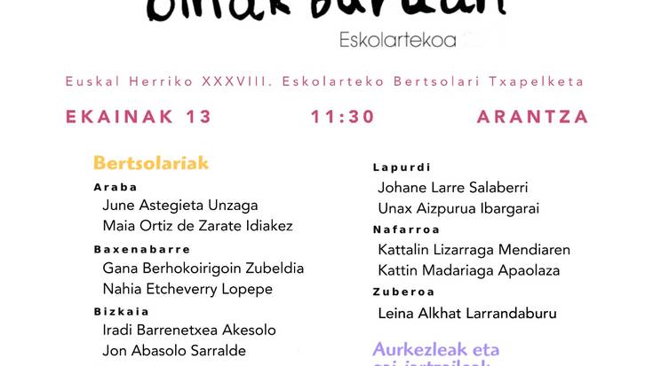Euskal Herriko Eskolarteko finala larunbatean izanen da Arantzan