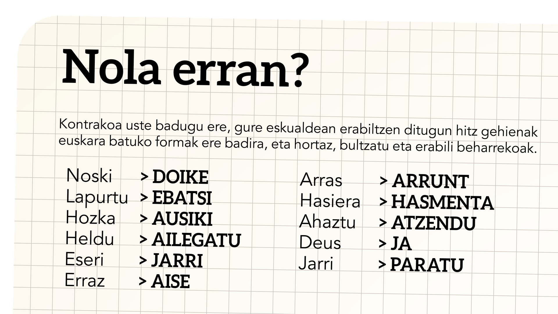 Paratu, ausiki, arrunt, doike, ebatsi, atzendu, jarri... erabil ditzagun gureak!